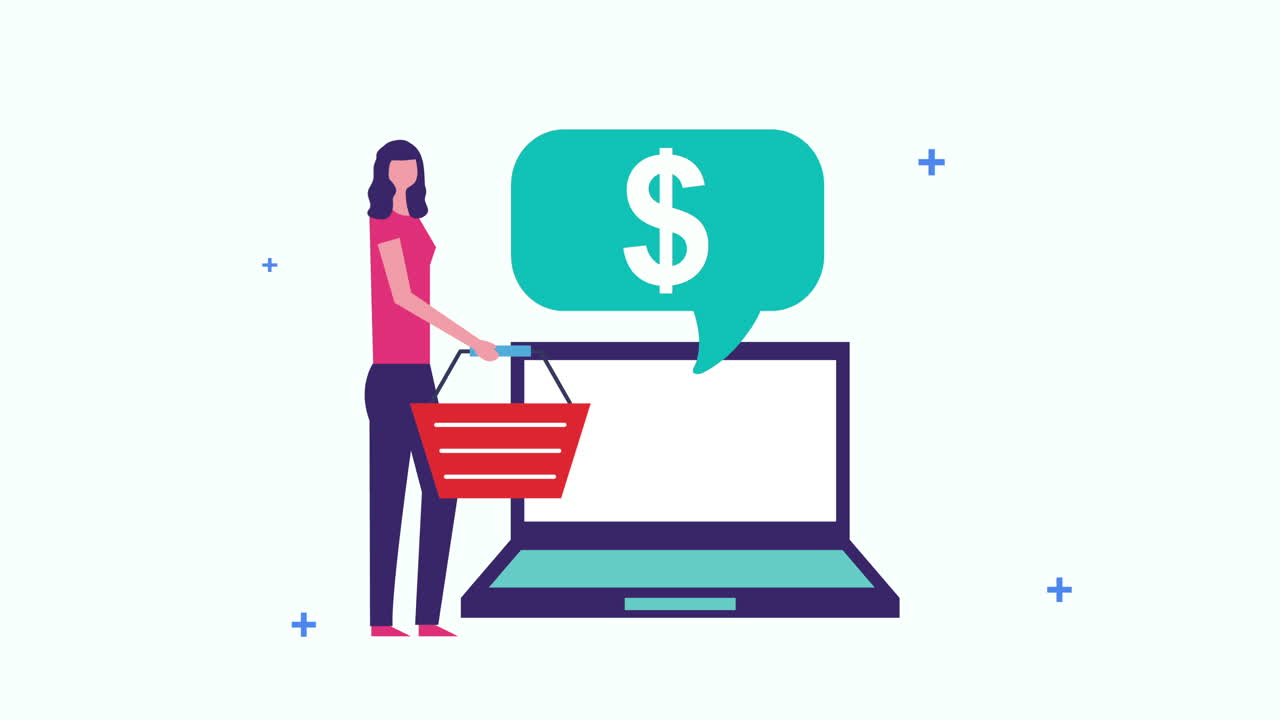 mujer de negocios con cesta de compras y portátil