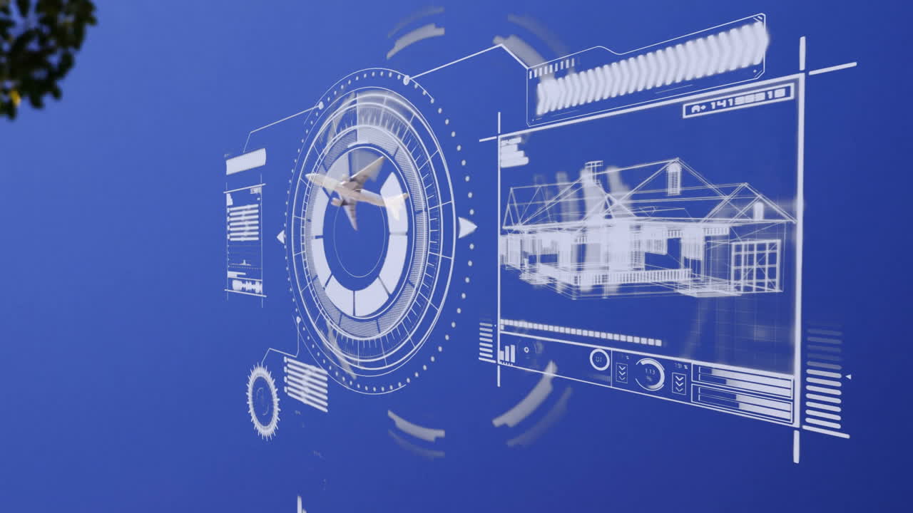 Animation of futuristic digital interface showing architectural blueprint in school setting