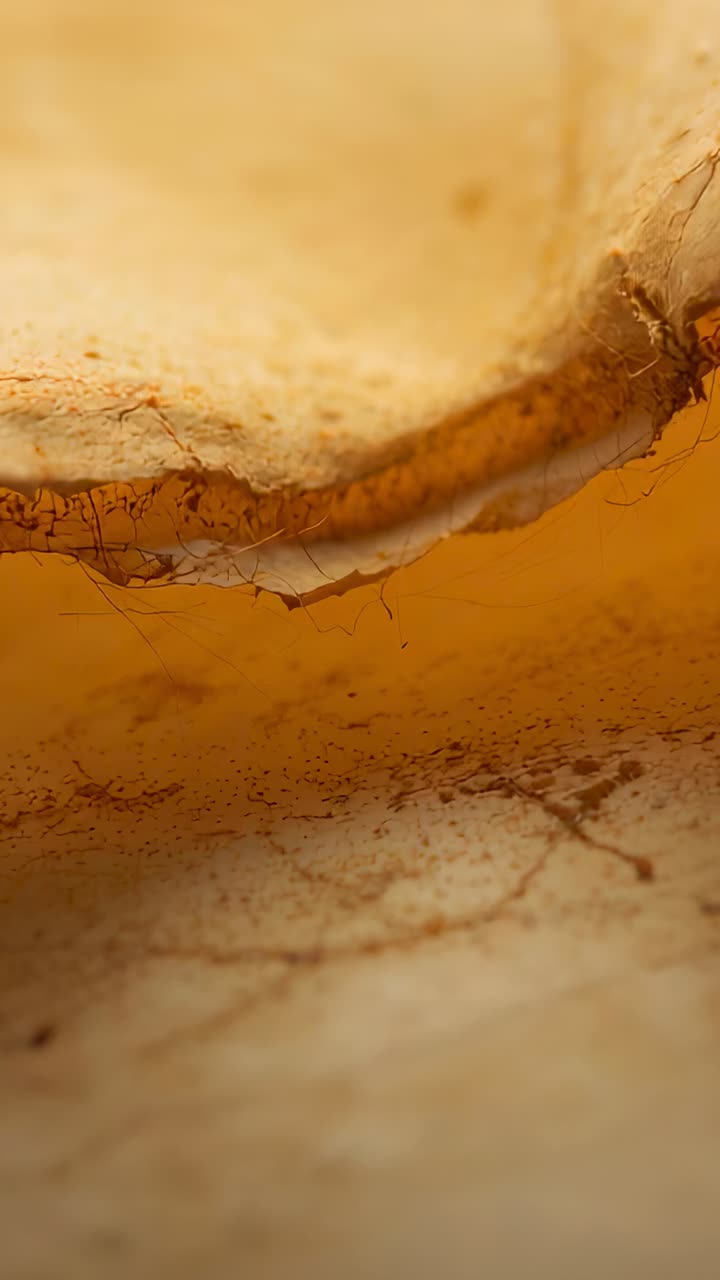 Vertical video: Moving camera showing curved tan layer in macro, revealing inner curve and membrane