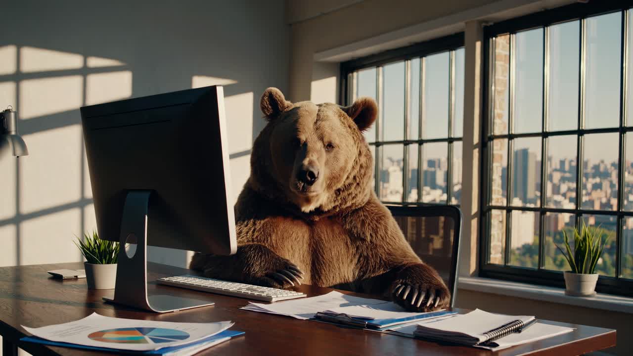 Et finurligt videokoncept med en bjørn ved et skrivebord i et kontormiljø.
