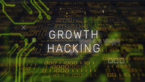 animación de texto de hacking de crecimiento sobre código binario y fondo de circuito digital