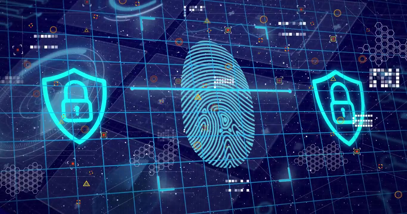 Digital Fingerprint Biometric Scan with Security Shields on Tech Grid Background