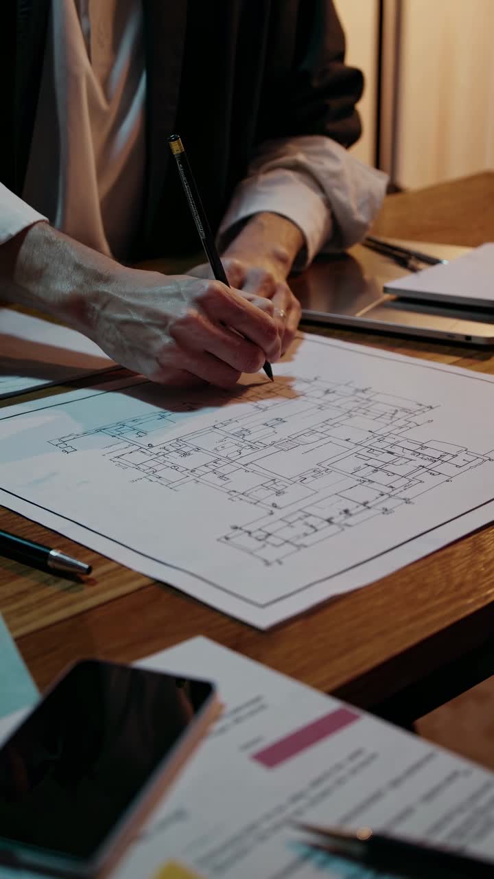A close-up, angled shot of hands sketching architectural plans on a desk, capturing a creative