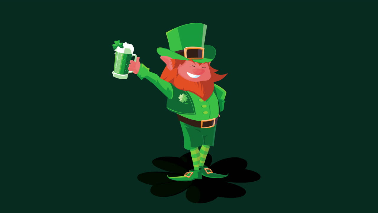 feliz día de san patricio animación con personaje leprechaun bebiendo cerveza