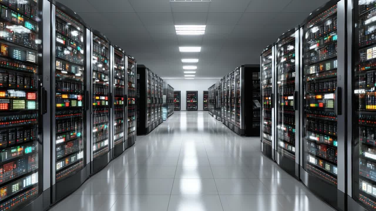 A Glimpse into the Data Center: Rows of Powerful Servers and Equipment Illuminating a High-Tech Environment