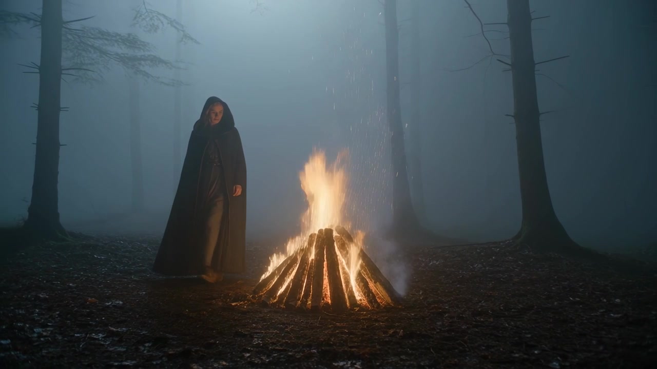 Figura incappucciata con un mantello scuro che emerge da sinistra e si avvicina a un falò nella nebbia, osservando le fiamme, con spazio per il testo.
