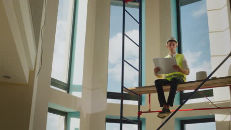 a young worker studies a drawing, sits tall on scaffolding