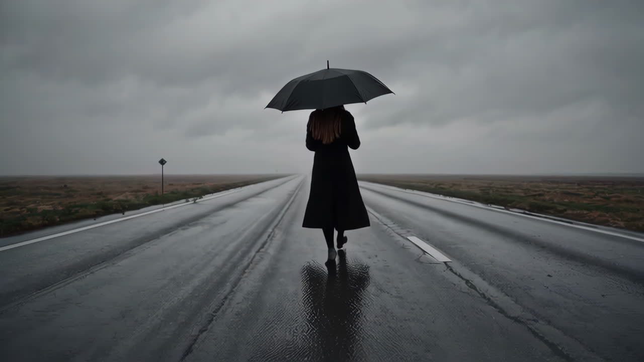 Femme marchant seule sur une route pluvieuse