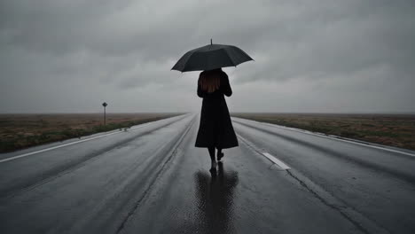 woman walking alone on a rainy road