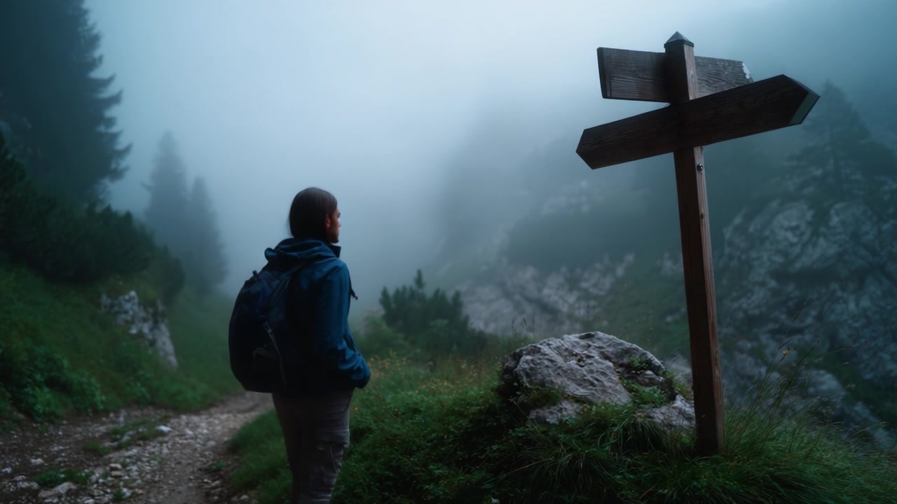 A solitary traveler pauses at a crossroad in a misty landscape, contemplating the path ahead within a serene, fog-covered natural environment.