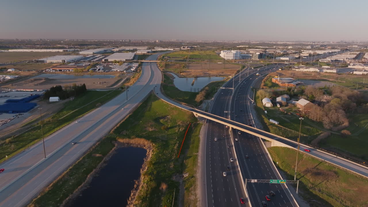 Highway 401 in mississauga, showing roads, water, and buildings, aerial view