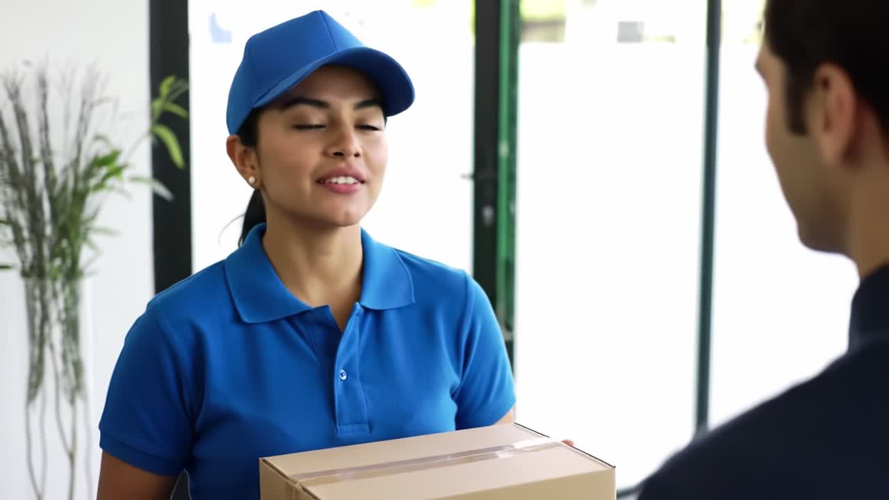 A delivery person wearing a blue cap and shirt smiles while handing a package to a customer at a stylish apartment entrance during the day.
