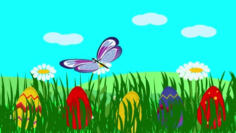 animación de fondo de huevos de pascua en hierba, diseño gráfico plano