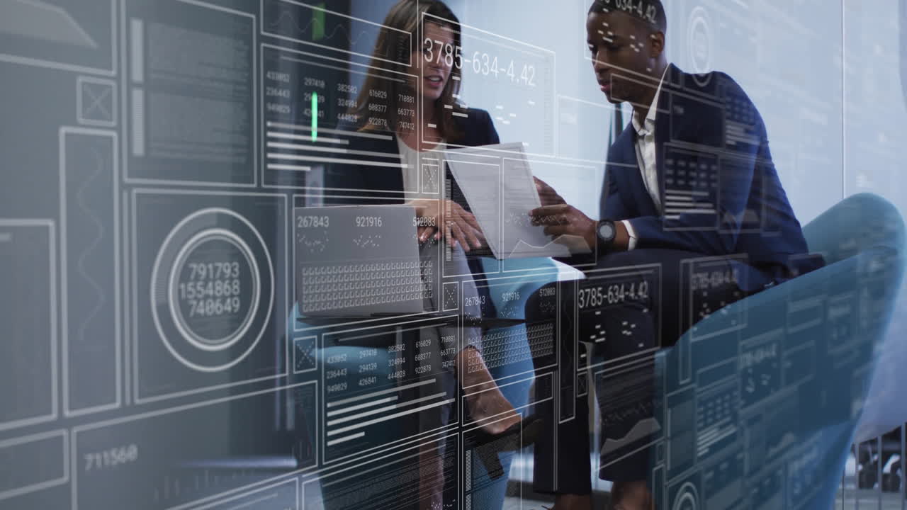 Animation of data processing over diverse male and female business colleague talking