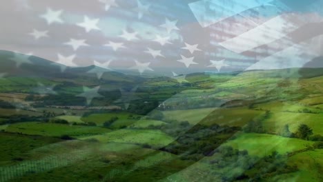 Digital-composition-of-waving-us-flag-against-aerial-view-of-the-grasslands