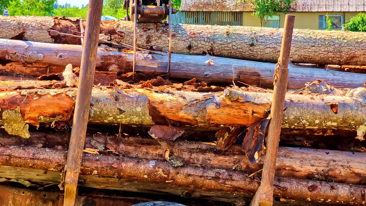 Crane lifting timber logs from truck bed near rural house during summer logging day