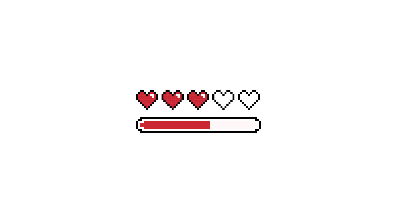 Barra della vita di videogioco in pixel art con cuori e progresso