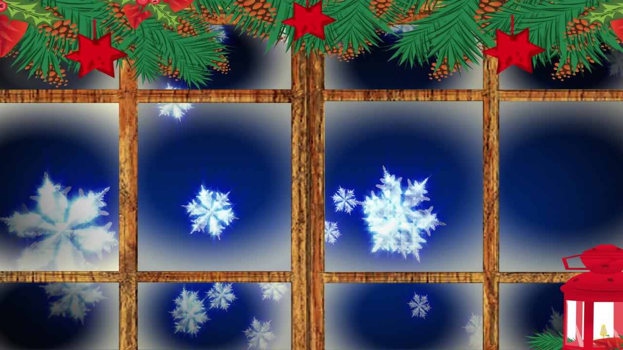 lámpara de navidad roja y marco de ventana de madera sobre copos de nieve flotando contra un fondo azul