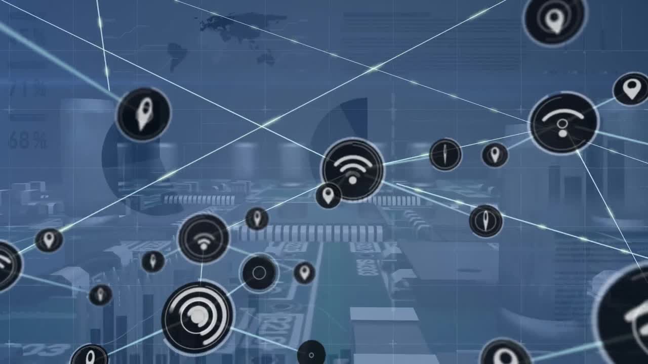 Animation of wireless network, map pin icons connecting against manufacturing industry