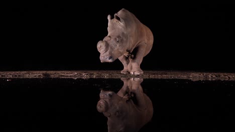 dehorned white rhino reflects in dark water pond blackness of night