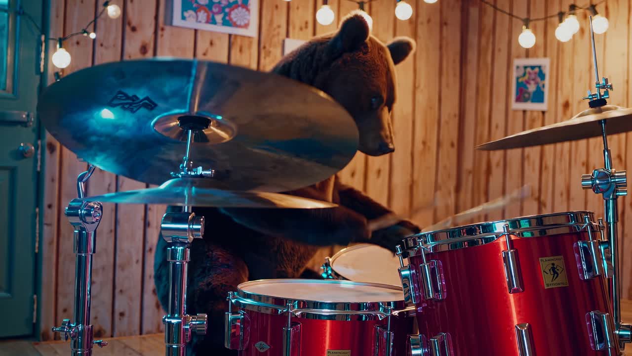 A whimsical video scene of a bear playing drums in a cozy, rustic room