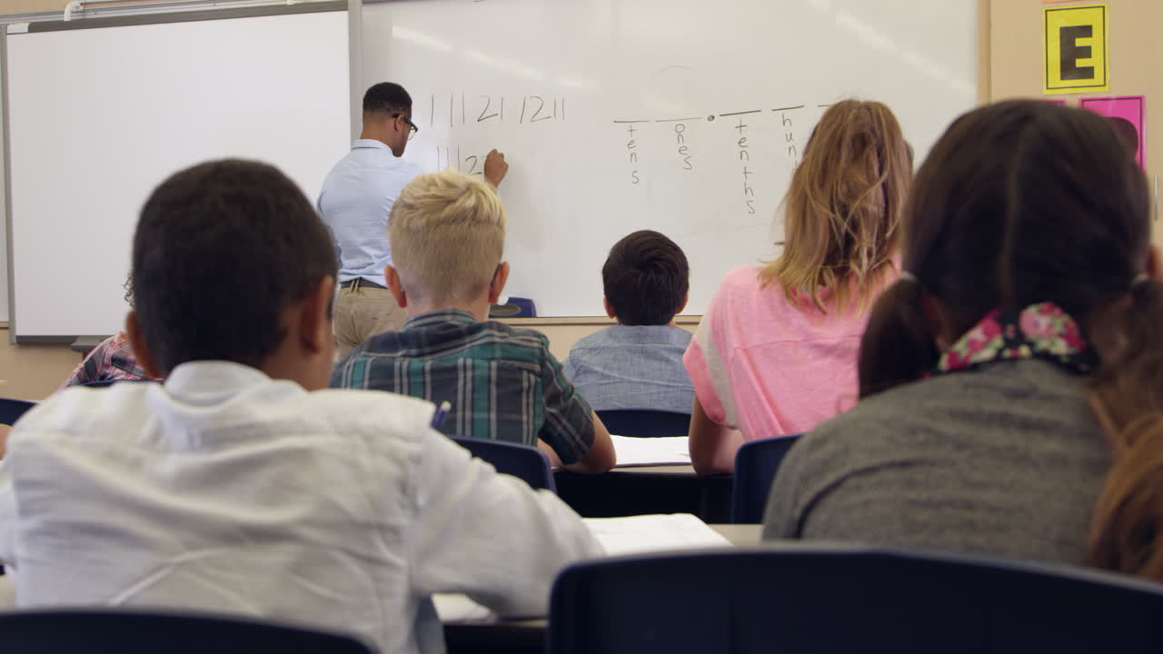 maestro usando pizarra blanca con la clase, vista de atrás, filmado en r3d