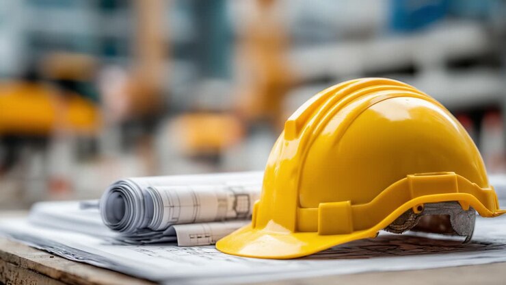A close-up view of a bright yellow construction helmet placed on top of blueprints on a construction site, symbolizing safety and planning in the building industry