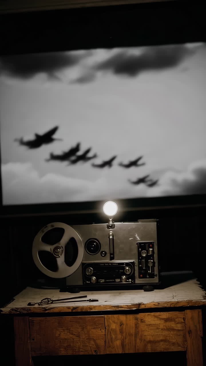 Vintage Film Projector Showing a Wartime Movie