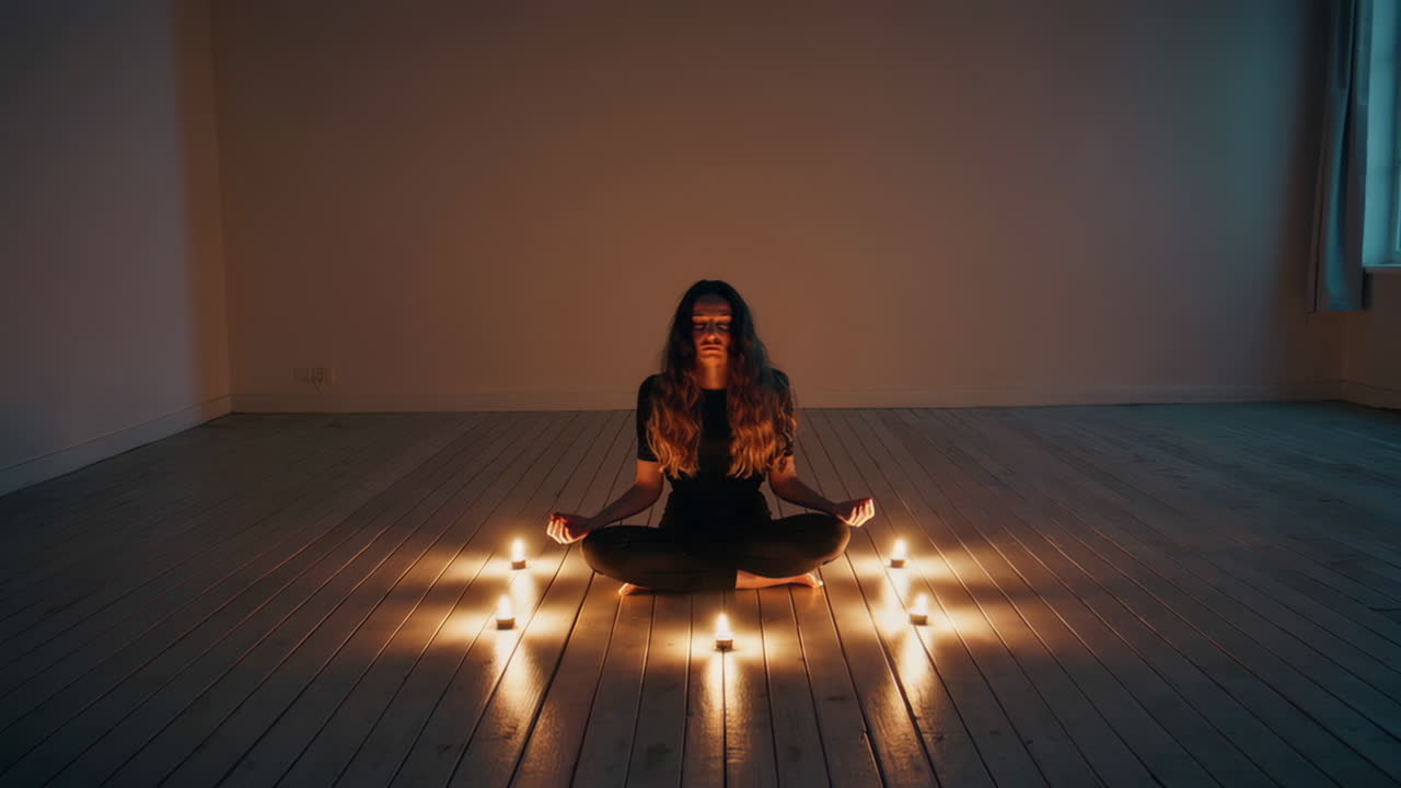 Woman meditating with candles