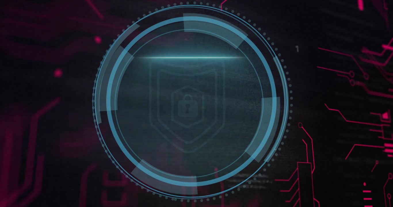Glitch lines starting cybersecurity scan while shield fading and ring filling to show security
