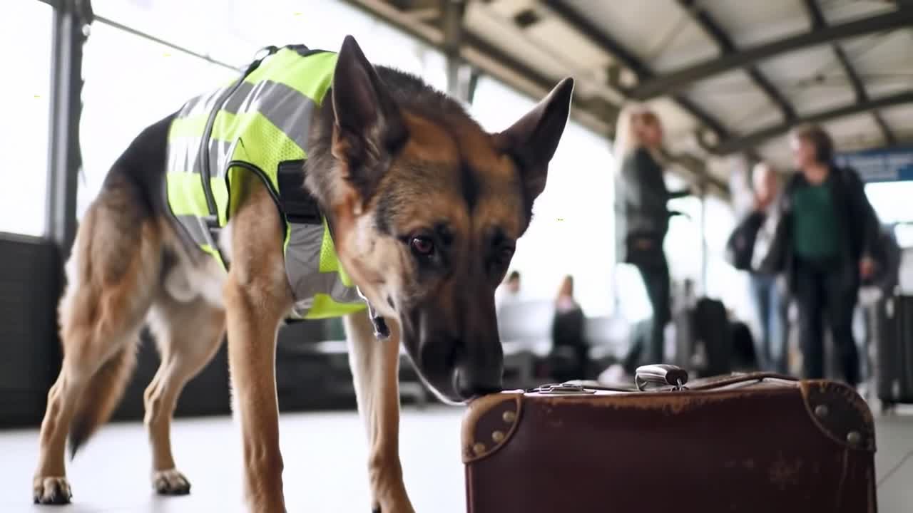 A trained dog in a reflective vest sniffs a piece of luggage at a bustling train station. Passengers move about, unaware of the important work being done by the canine.
