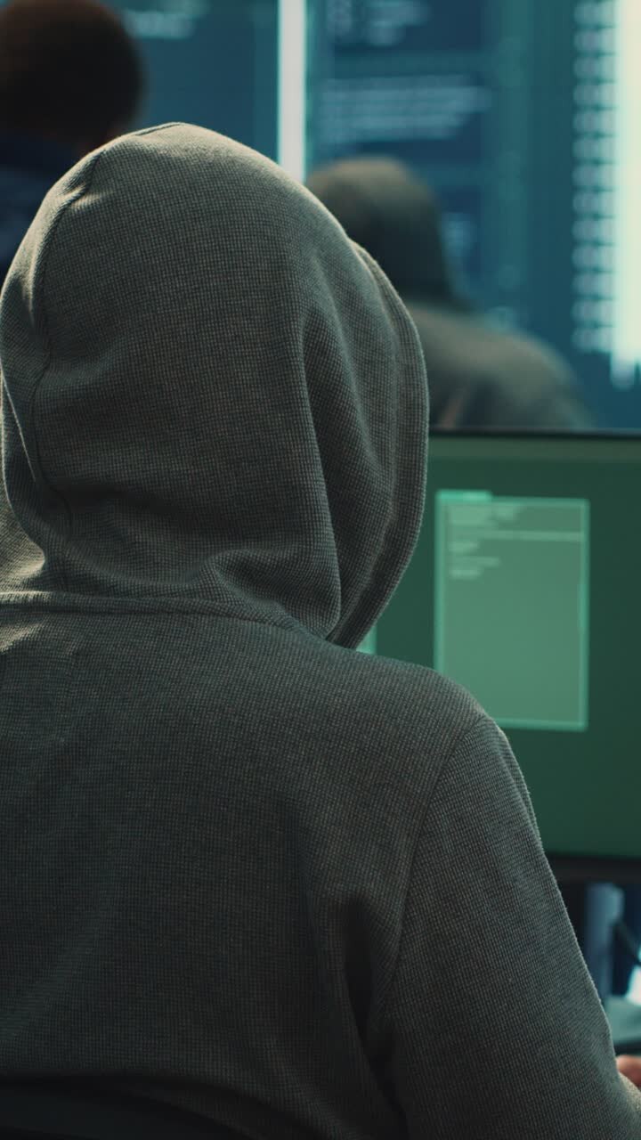 Hacker anonimo con felpa con cappuccio che lavora su più schermi di computer