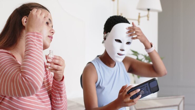 African American women starting skincare on bed, applying serum and adjusting LED mask using device