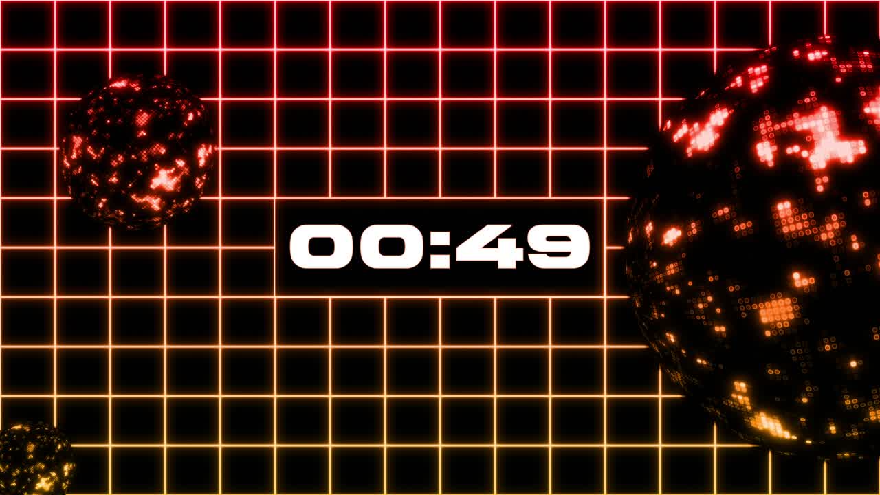 One Minute Digital Countdown with Retro Neon Grid and Glowing Spheres