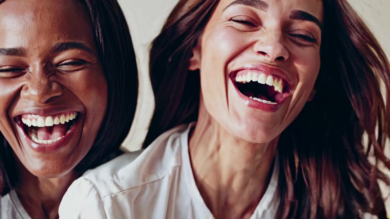 Nahaufnahme von zwei glücklichen, diversen Frauen, die herzhaft lachen