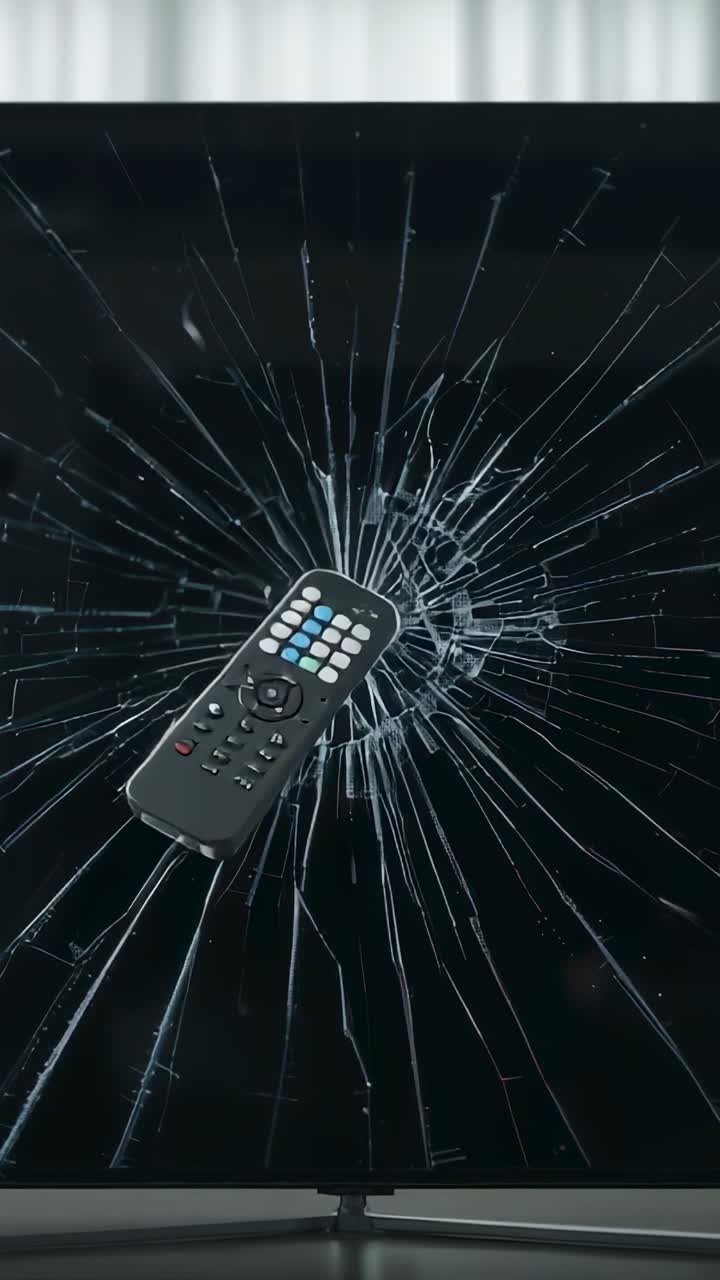 Video verticale: telecomando portatile che colpisce lo schermo piatto di un televisore di casa, creando incrinature nel vetro