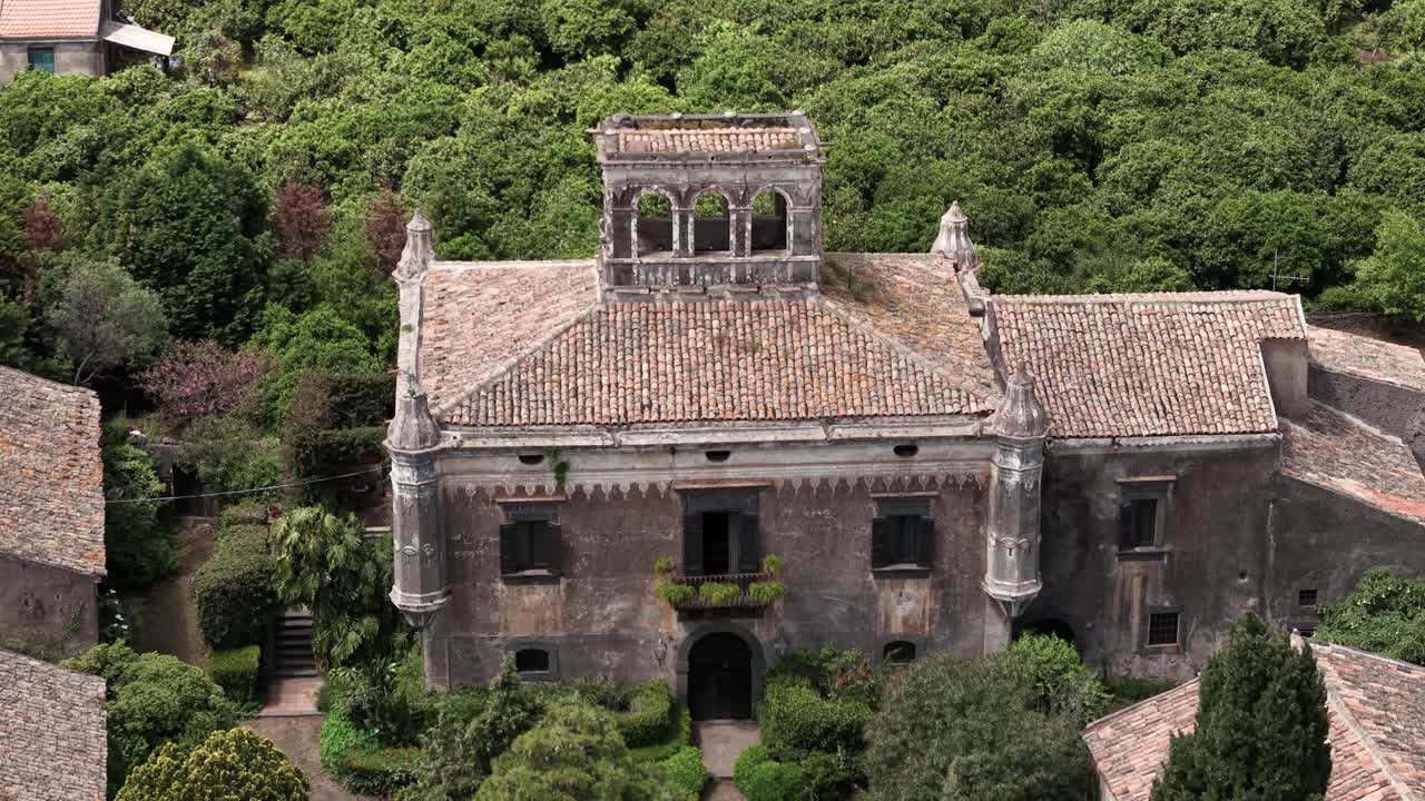 Medieval Stone Structure Of Castello degli Schiavi (Castle of the Slaves) Historic Sicilian Castle In Italy. Aerial Pullback Shot
