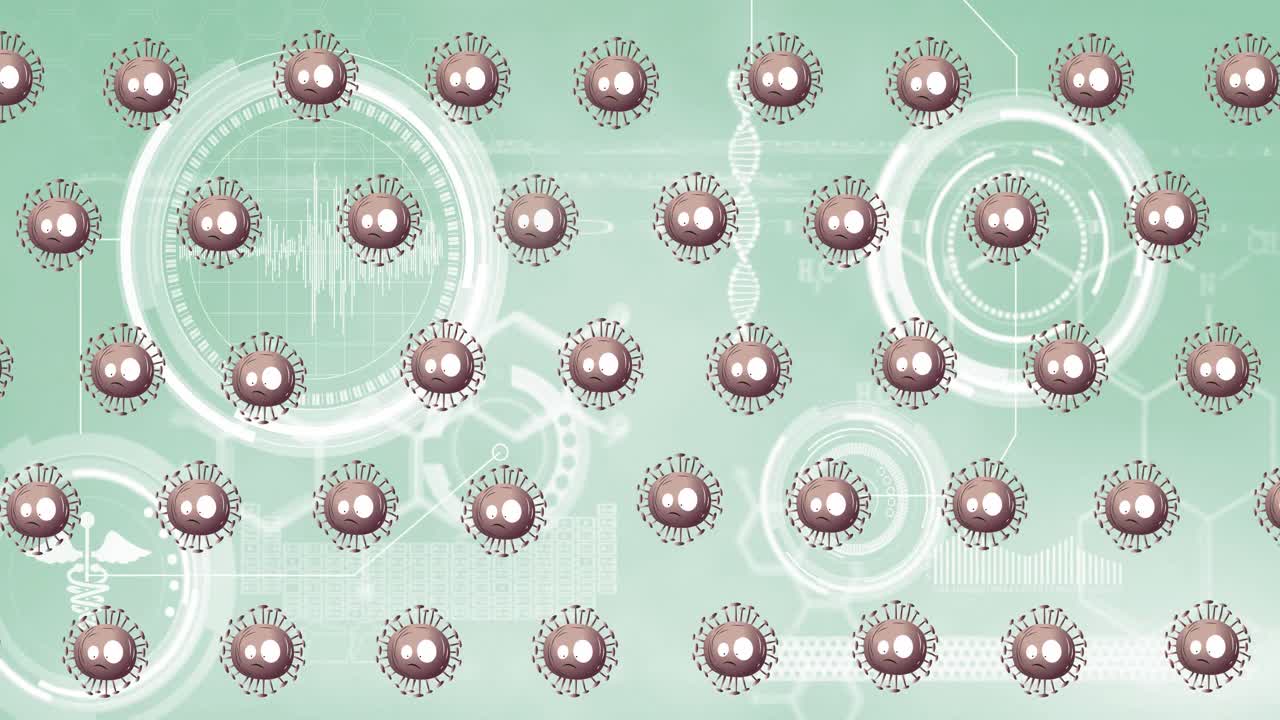 코로나 19 바이러스 세포를 움직이는 의료 아이콘의 애니메이션