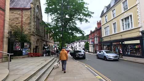 man walking dog on street in llangollen