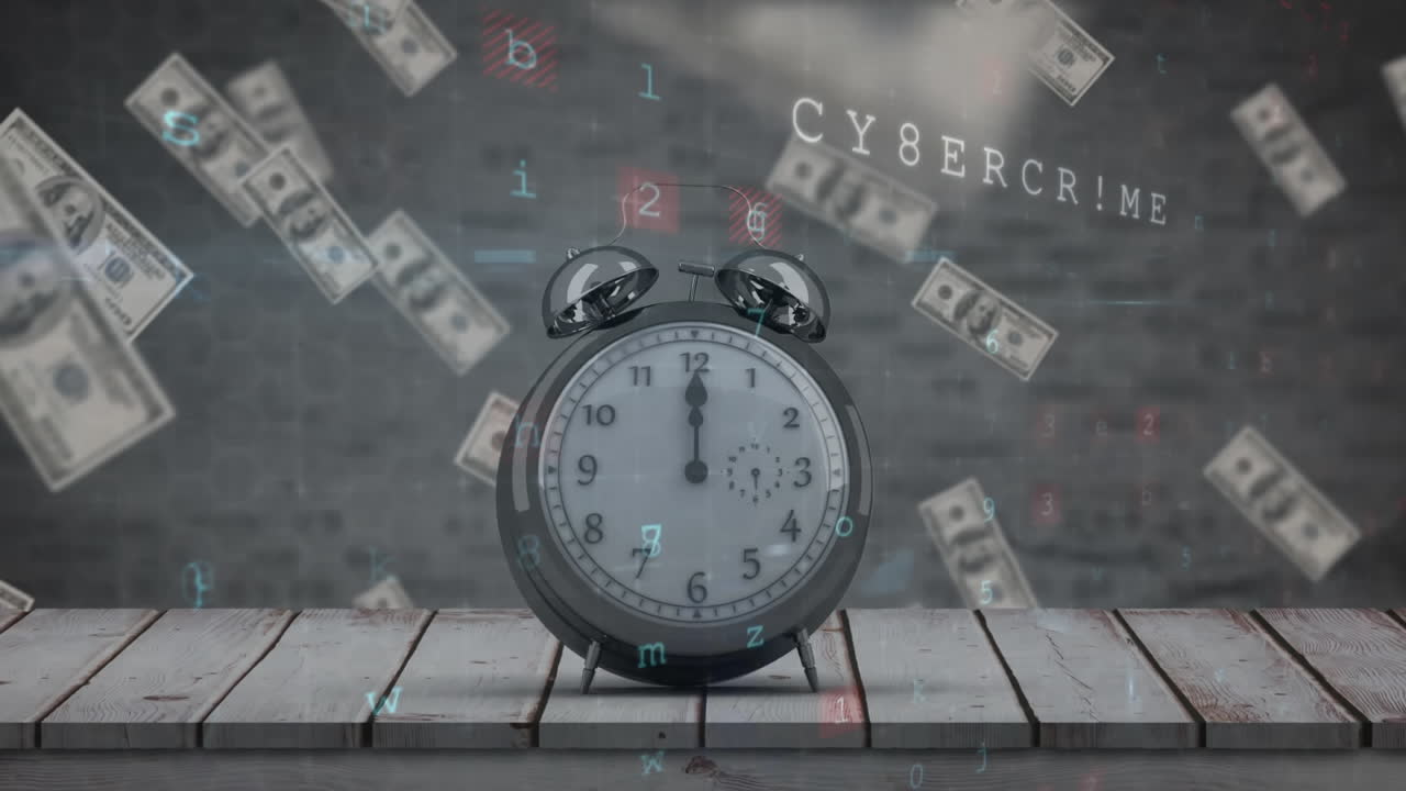 Animation of numbers and clock over falling dollar banknotes