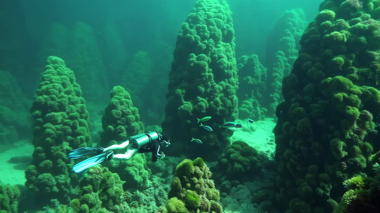 활기찬 수중 산호초 를 탐험 하는 스쿠버 다이버 들