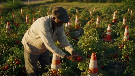 a dedicated farmer carefully harvests ripe tomatoes in a sunlit field, navigating through vibrant green plants and distinct safety cones marking the rows.