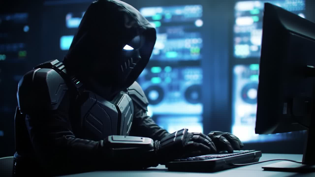 A mysterious figure in a sleek, armored suit engaged in deep concentration at a high-tech computer setup, surrounded by glowing screens and advanced technology
