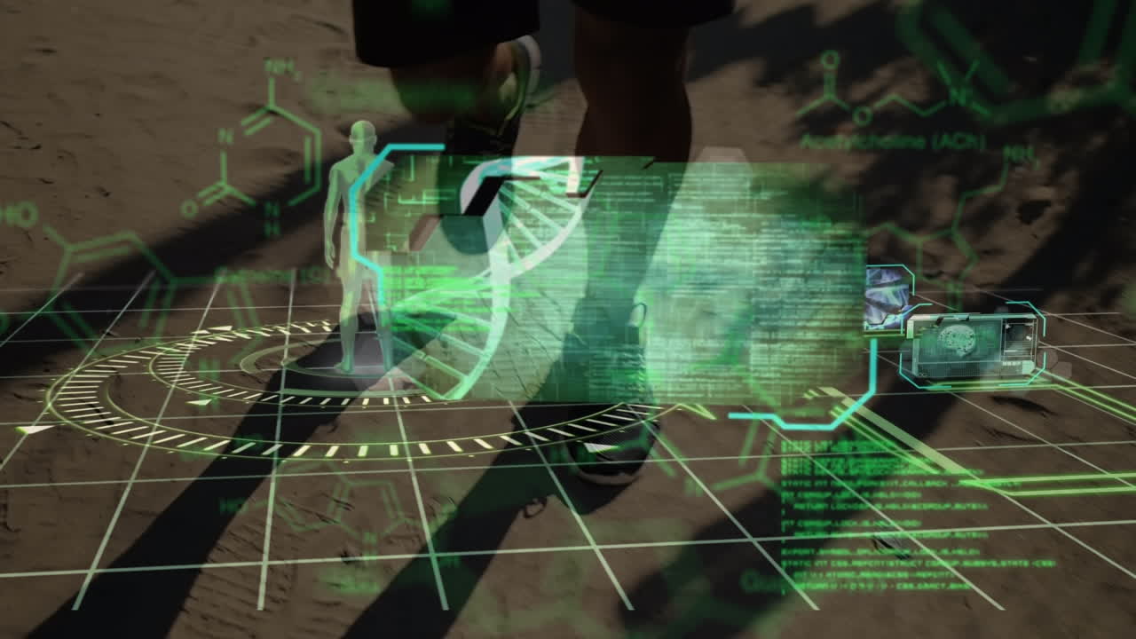 아프리카계 미국인 남자가 달리는 dna 줄기의 스핀링과 데이터 처리 애니메이션