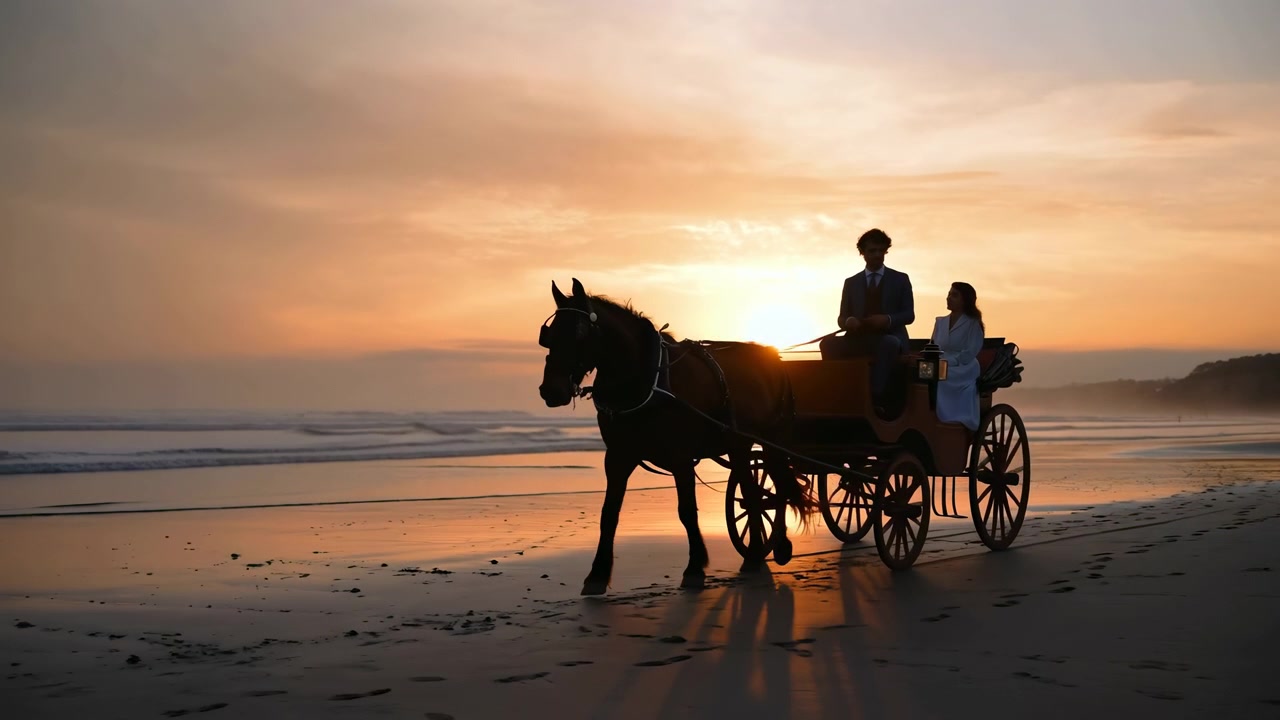 Carrozza trainata da cavalli si muove lungo la riva al tramonto con il cavallo che solleva una zampa anteriore e le ruote della carrozza a contatto con la sabbia bagnata e lucida, due passeggeri adulti siedono eretti sul sedile della carrozza rivolti leggermente
