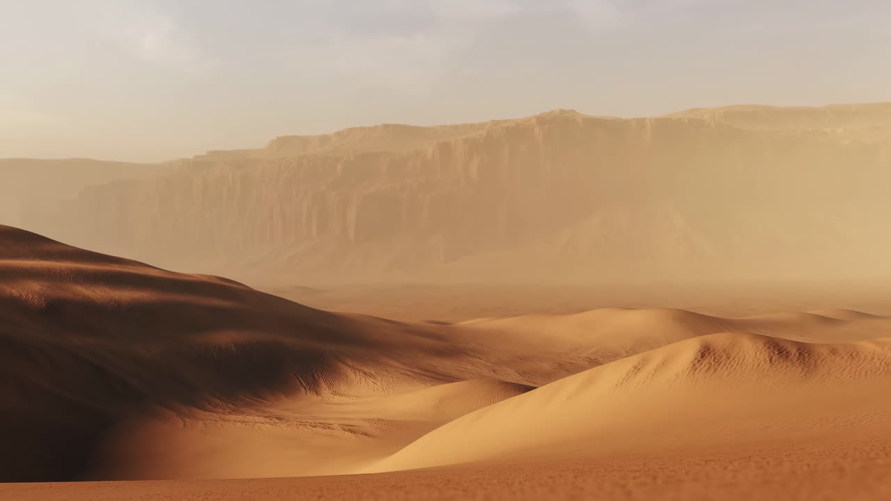 Dune di sabbia illuminate dal sole sotto una foschia dorata, ampia veduta aerea di un vasto paesaggio arido con texture ondulate, in lontananza.