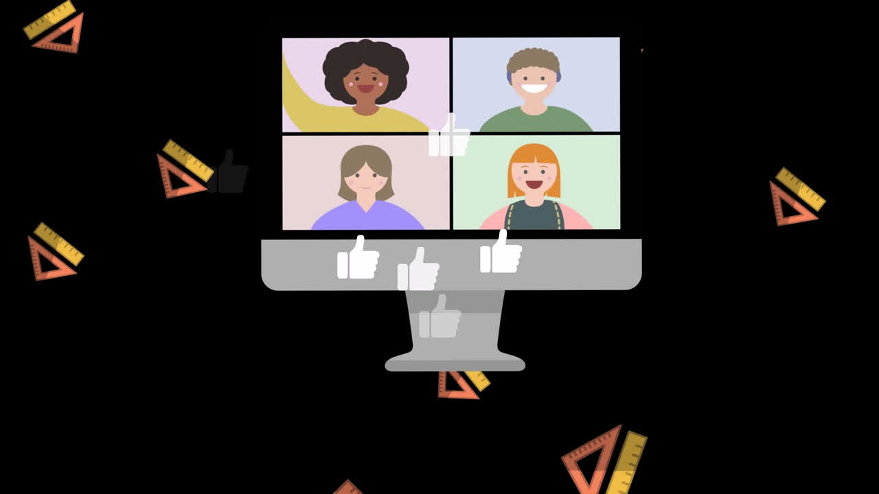 Animation of rulers and likes over computer screen with people on black background