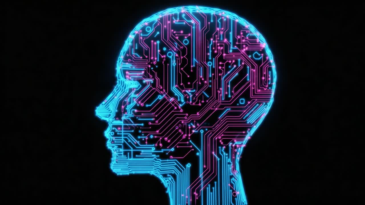 A Futuristic Representation of the Human Mind Merged with Technology, Showcasing Intricate Circuit Patterns and Neon Colors, Symbolizing Innovation and Intelligence