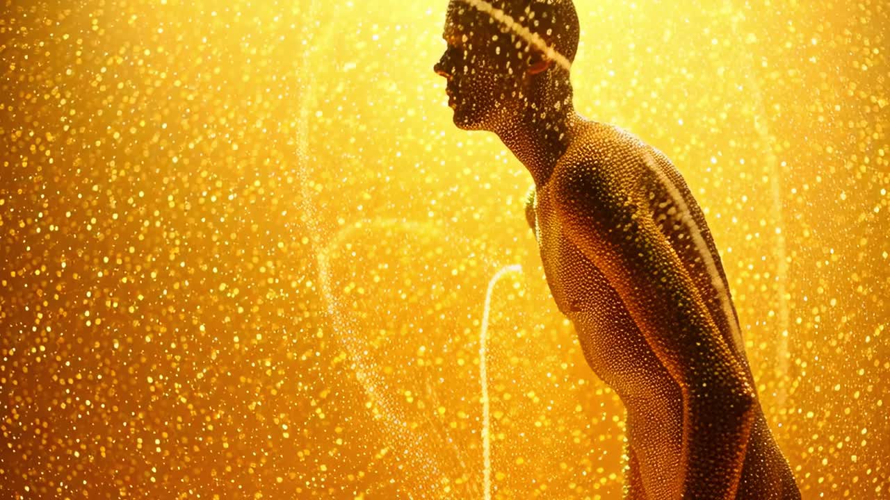 A mesmerizing transformation is captured in these frames, where the figure emerges from a shower of luminous particles, embodying a journey of self-discovery and enlightenment amidst a golden atmosphere