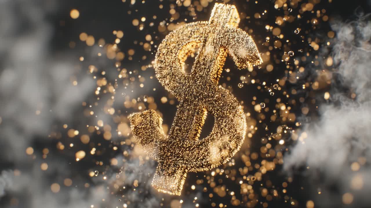 A Captivating Visualization of Wealth and Prosperity Symbolized by a Glittering Dollar Sign, Surrounded by a Mesmerizing Burst of Glimmering Particles in a Dynamic and Enchanting Atmosphere